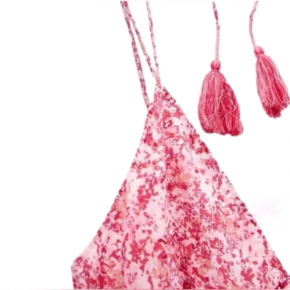 ZARA WOMENS FLORAL SUMMER V NECK BACKLESS DRESS IN PINK SIZE: LARGE 100% COTTON - Picture 5 of 13